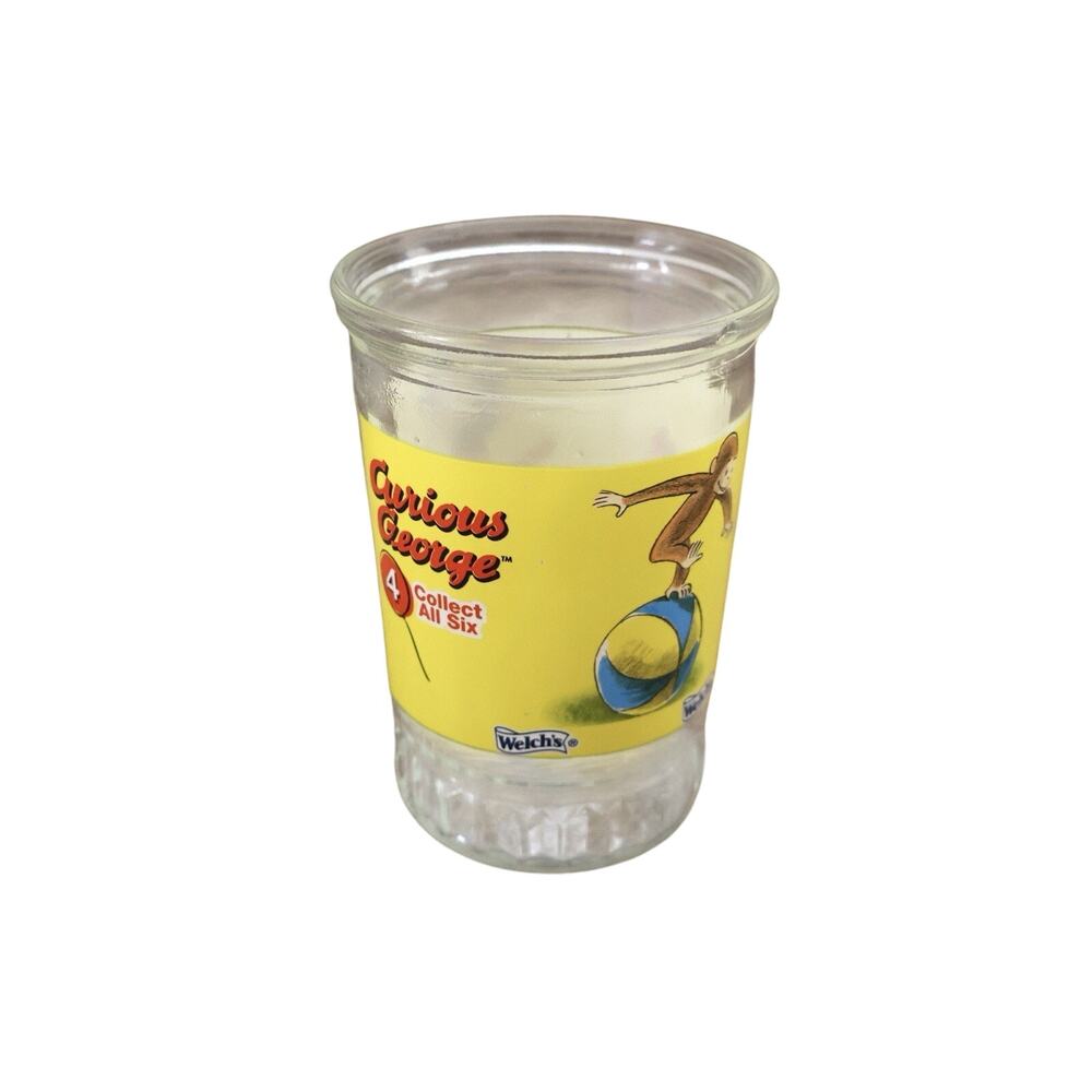 Vintage Welch's Curious George Glass Jar Cup 90s Cartoon Character